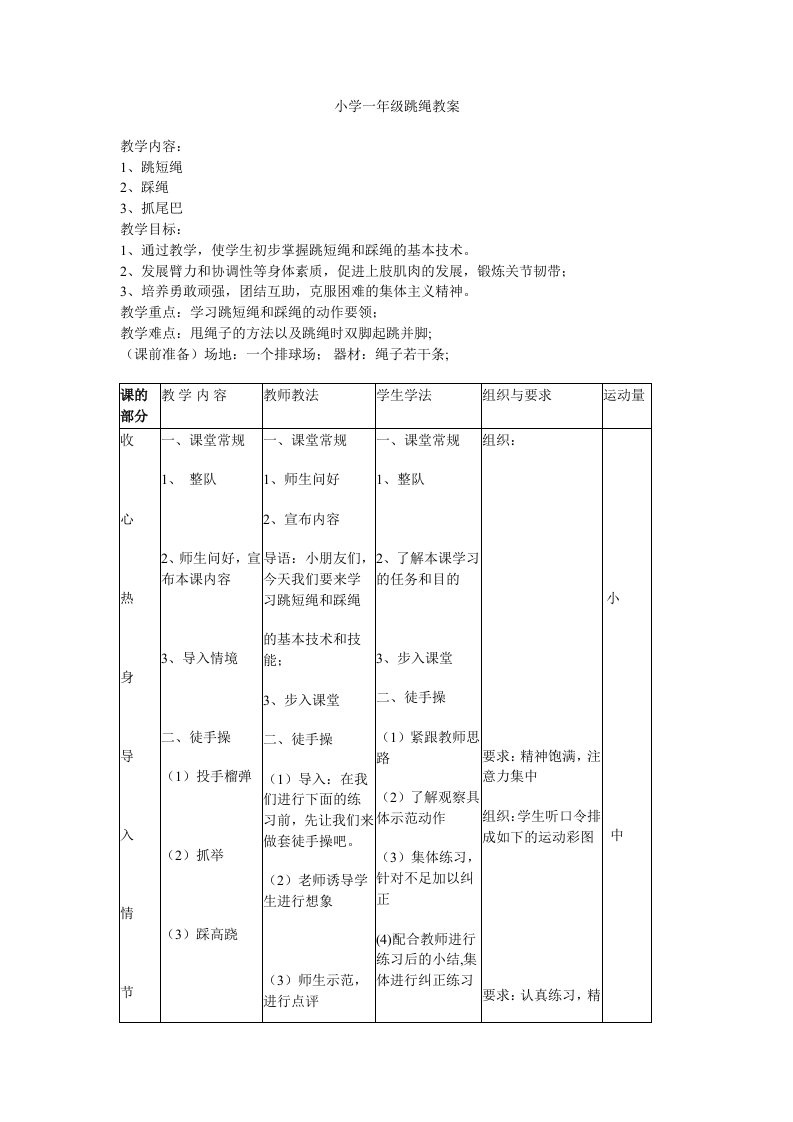 小学一年级跳绳教案