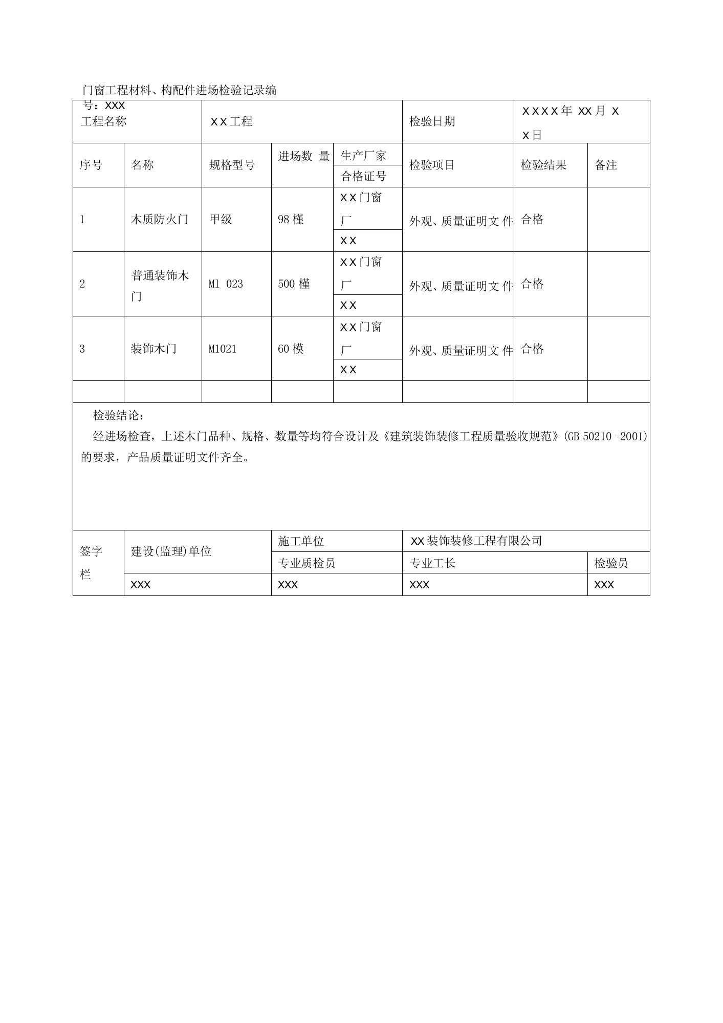 门窗工程材料、构配件进场检验记录