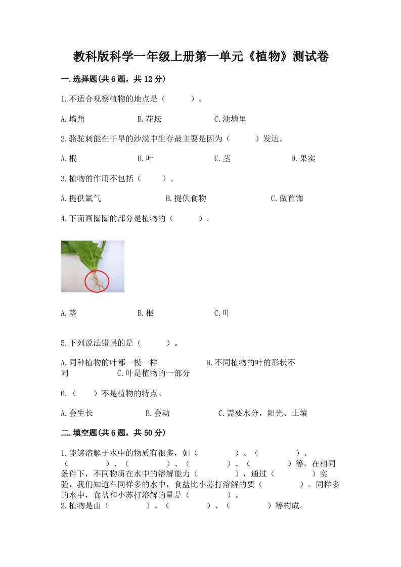 教科版科学一年级上册第一单元《植物》测试卷及完整答案【各地真题】