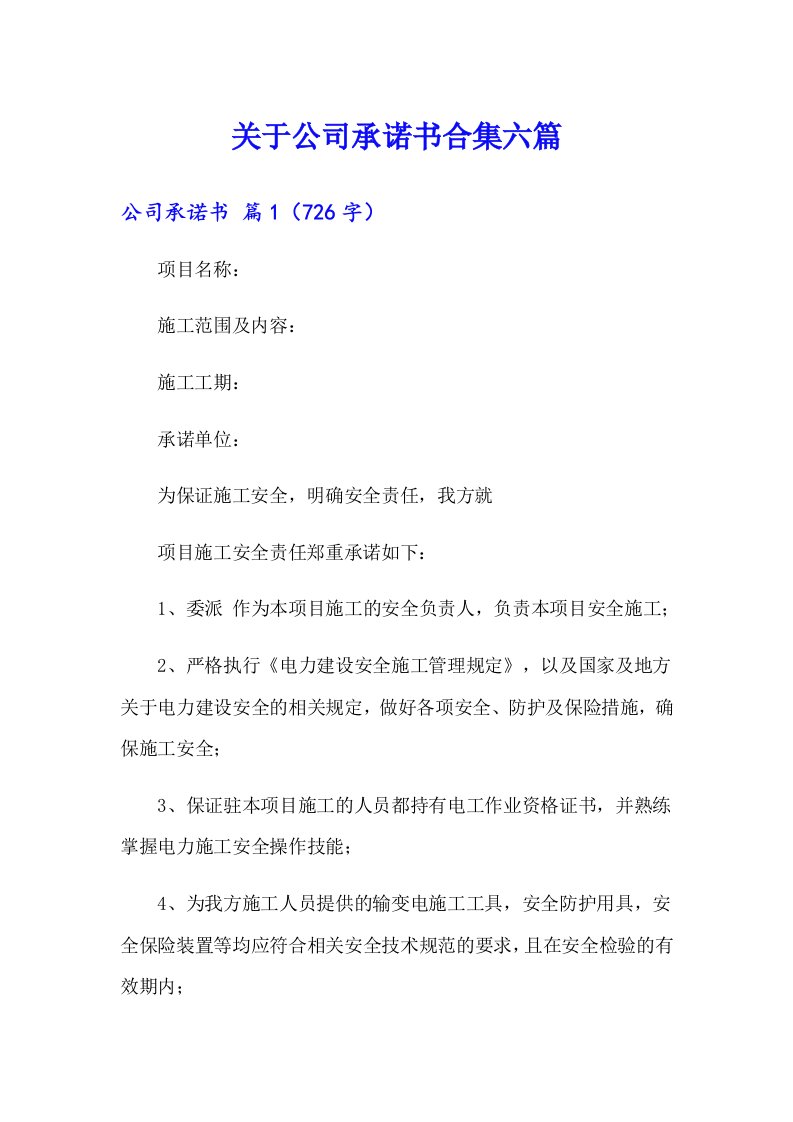 关于公司承诺书合集六篇