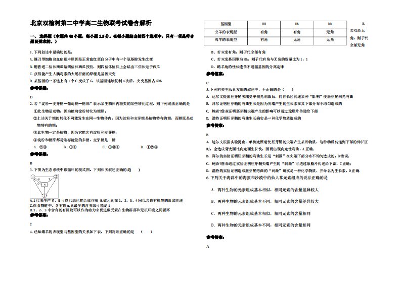 北京双榆树第二中学高二生物联考试卷含解析