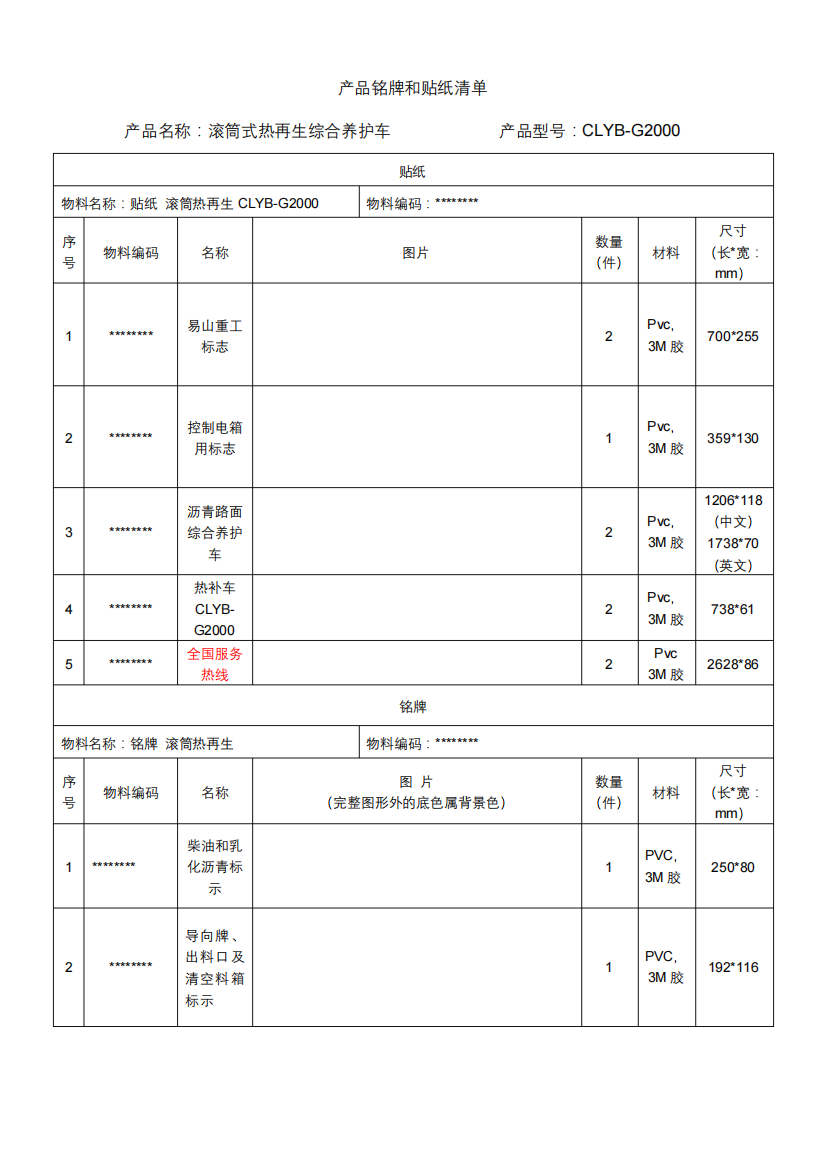 产品铭牌和贴纸清单【模板】