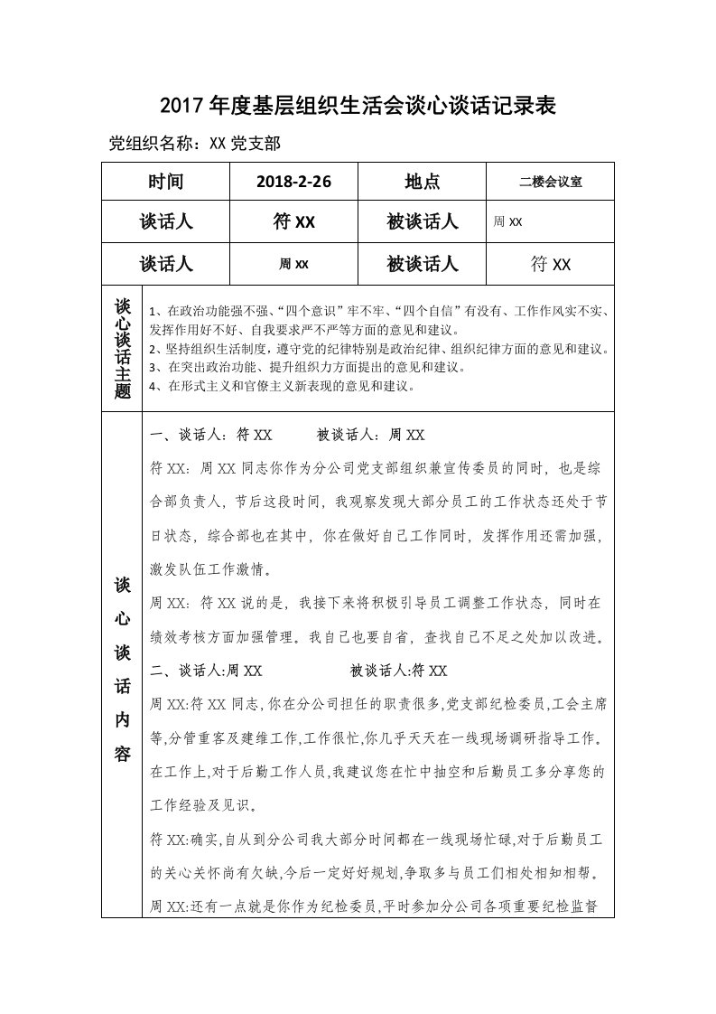 基层组织生活会谈心谈话记录表