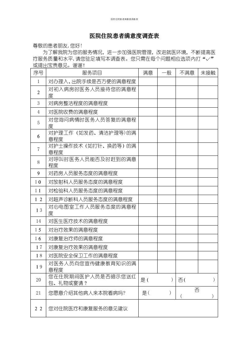 医院住院患者满意度调查表