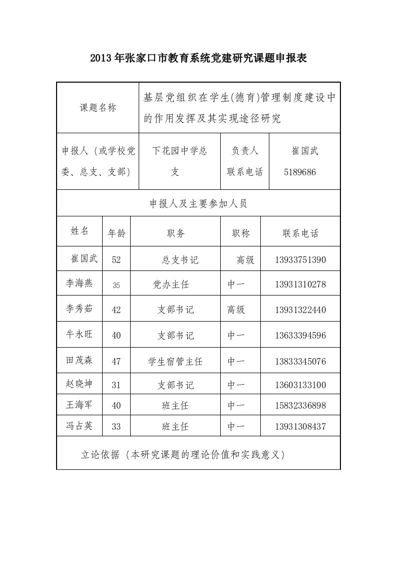 家口市教育系统党建研究课题申报表