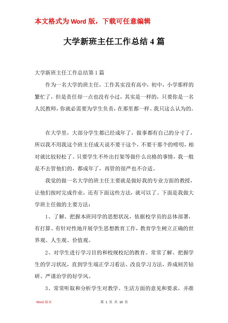 大学新班主任工作总结4篇