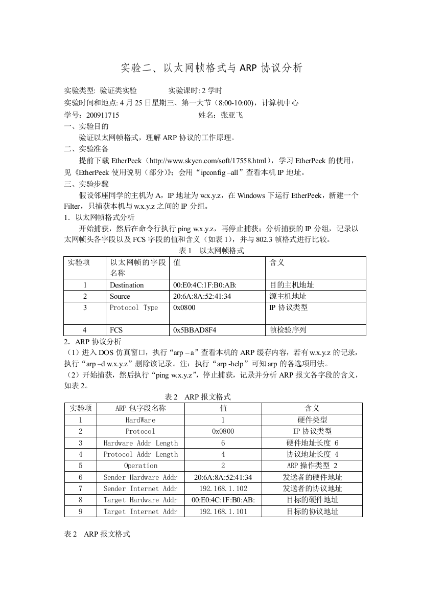 实验二、以太网帧格式与ARP协议分析