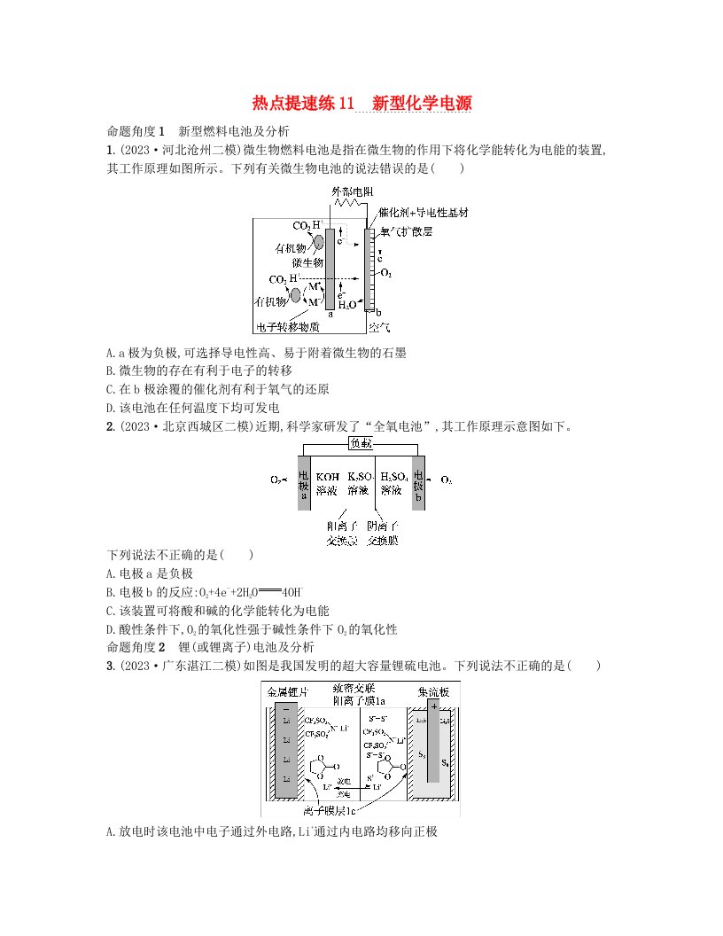 适用于新高考新教材2024版高考化学二轮复习热点提速练11新型化学电源