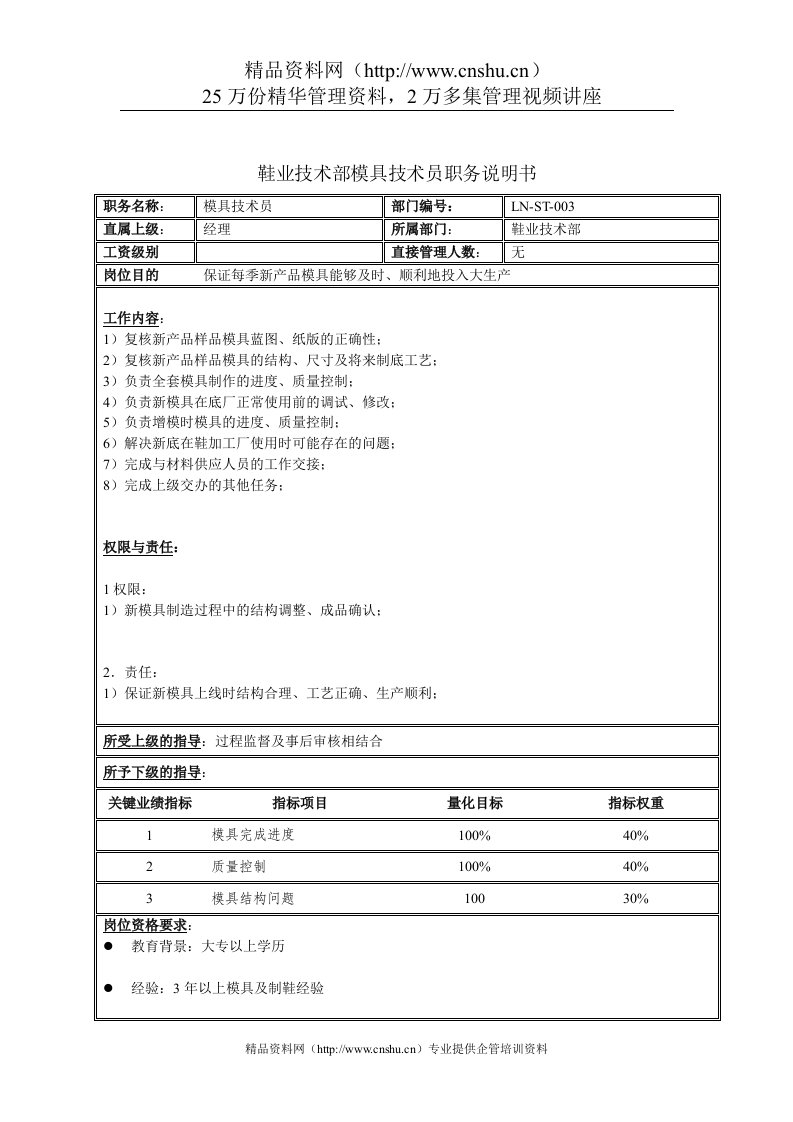 鞋业技术部模具技术员职务说明书