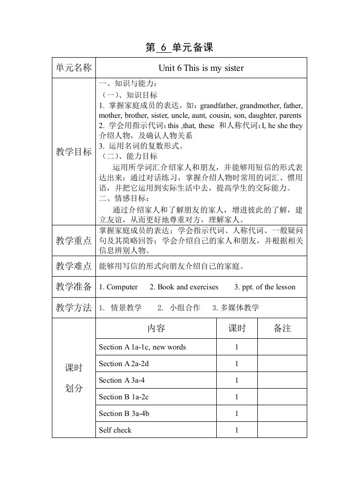 鲁教版六年级上Unit6备课