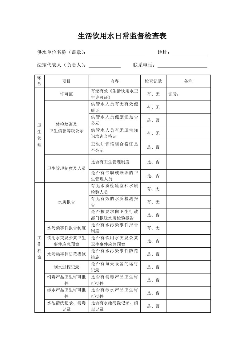 生活饮用水日常监督检查表