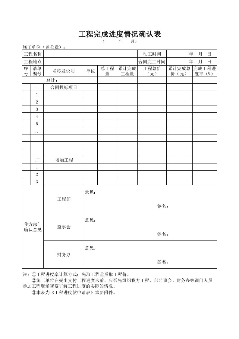 工程完成进度情况确认表