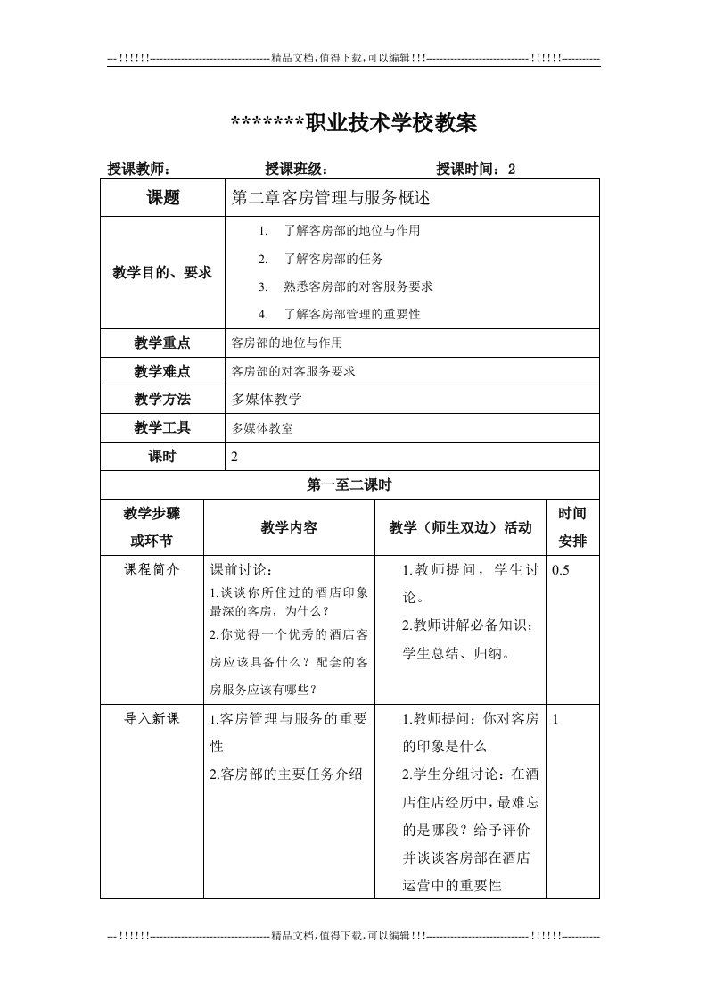 《酒店管理案例》教案(评价表)第二章