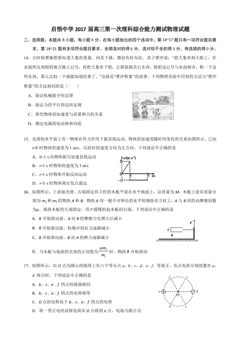 启悟中学2017届高三理综测试物理试题(第2周)