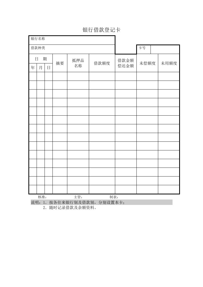 金融保险-银行借款登记卡