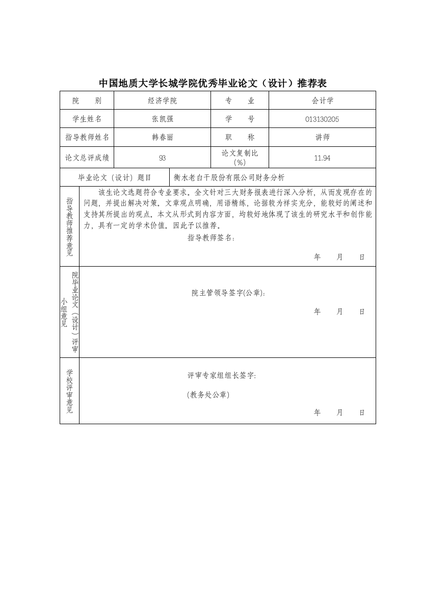 优秀毕业论文推荐表—张凯强