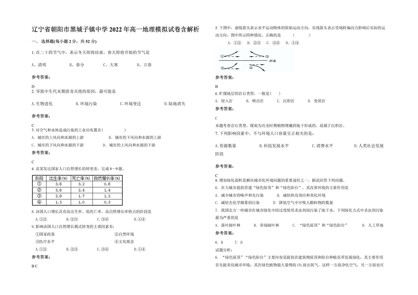 辽宁省朝阳市黑城子镇中学2022年高一地理模拟试卷含解析