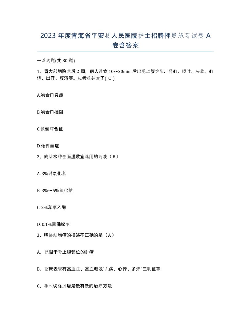 2023年度青海省平安县人民医院护士招聘押题练习试题A卷含答案