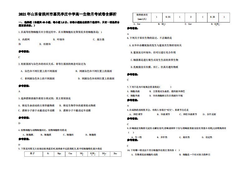 2021年山东省滨州市惠民李庄中学高一生物月考试卷含解析