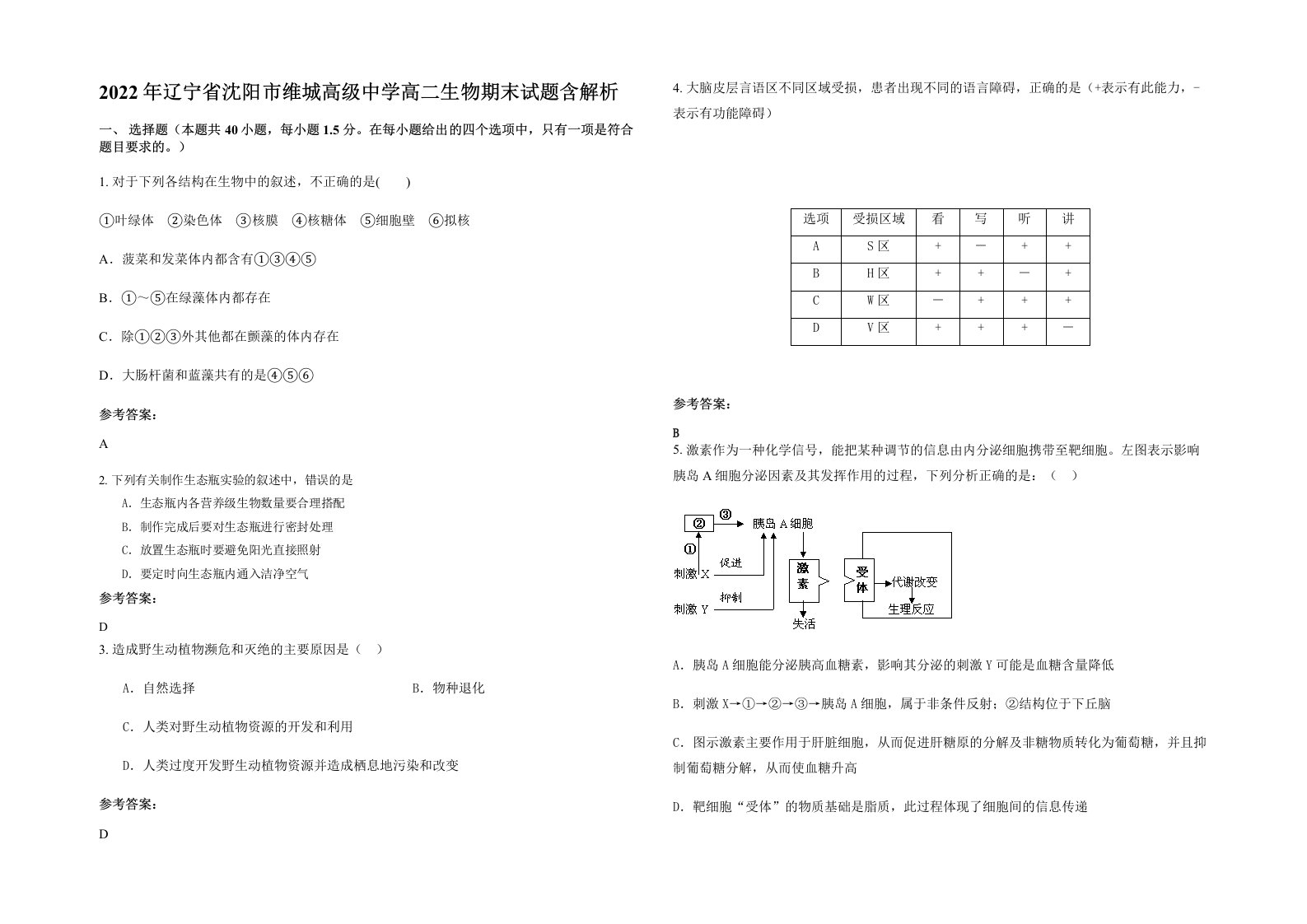 2022年辽宁省沈阳市维城高级中学高二生物期末试题含解析