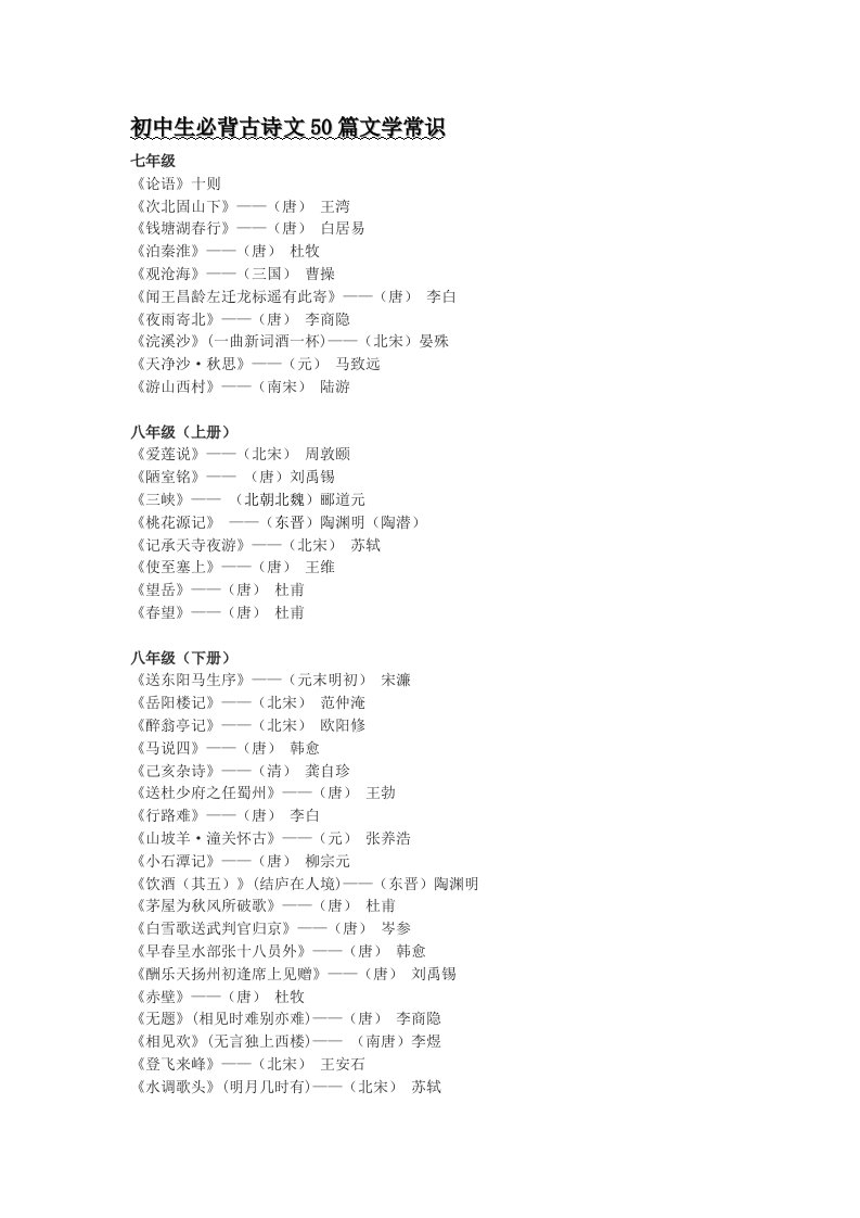 初中生必背古诗文50篇文学常识