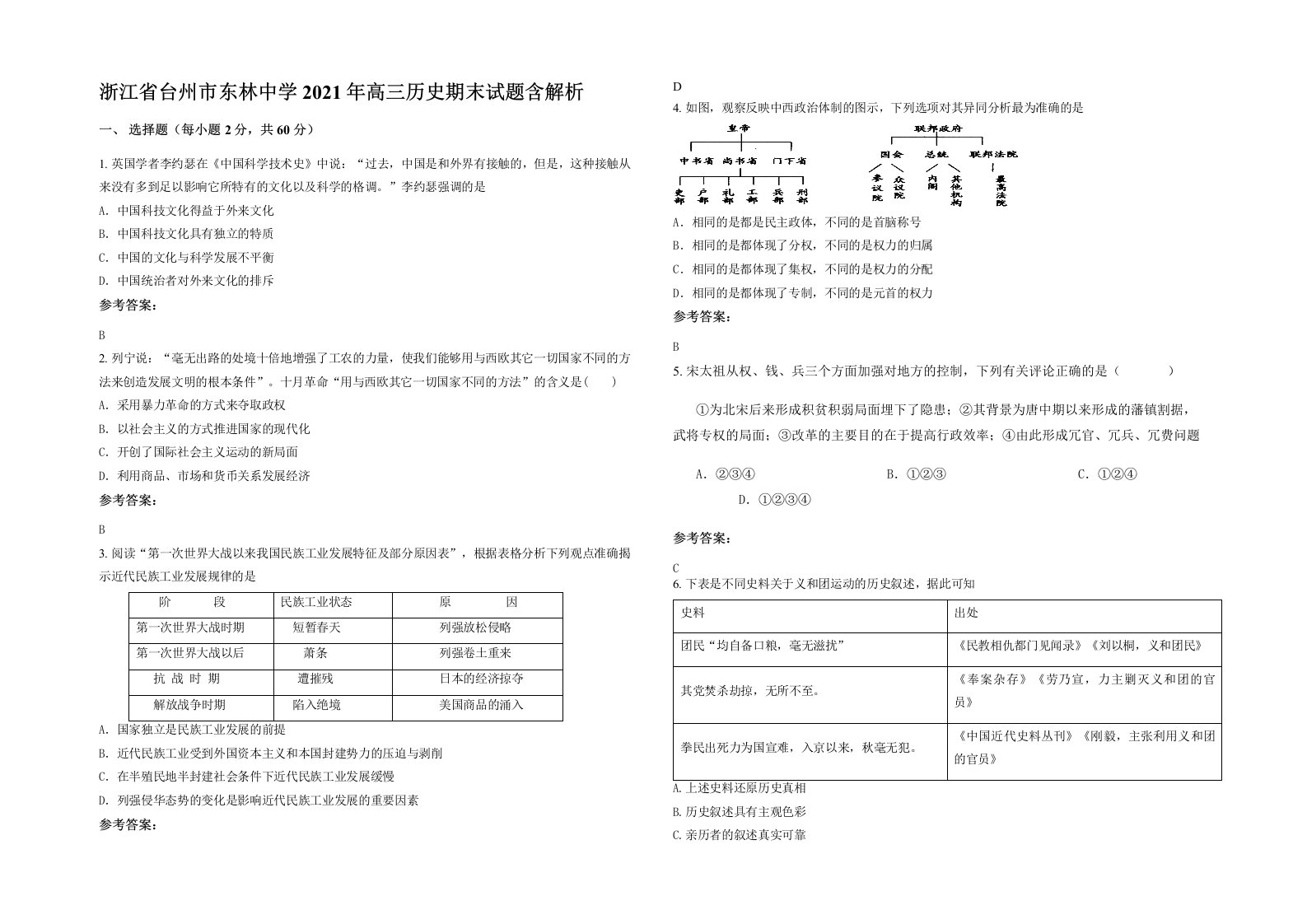 浙江省台州市东林中学2021年高三历史期末试题含解析