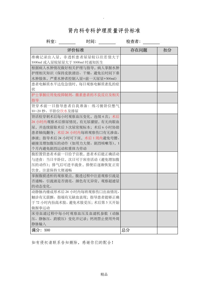 肾内科专科护理质量评价标准