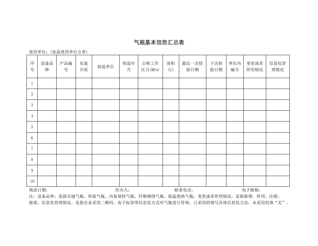 气瓶基本信息汇总表