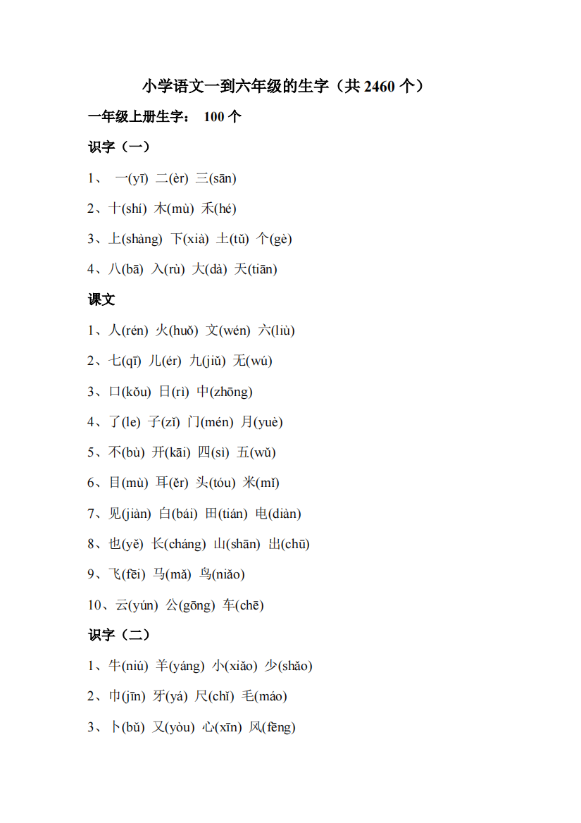 1-6年级生字表(带拼音)