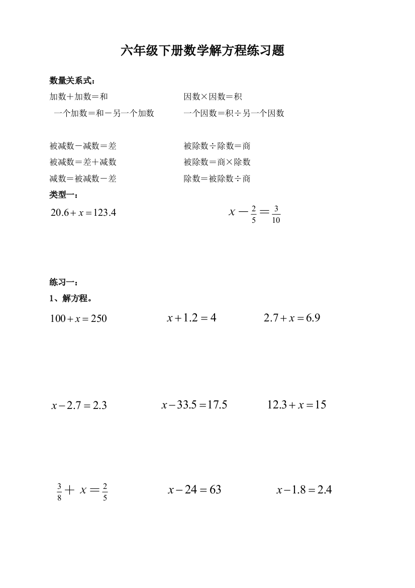 新人教版六年级下册数学解方程专项练习题