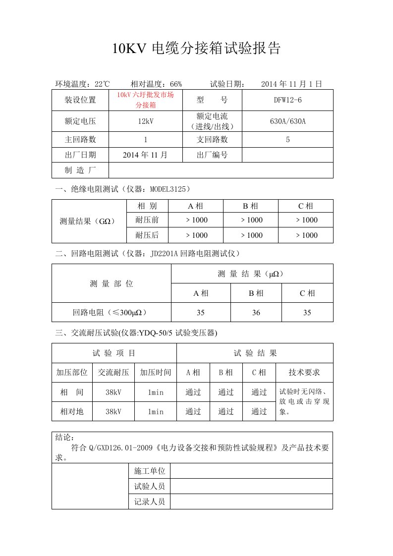 10KV电缆分支箱试验报告