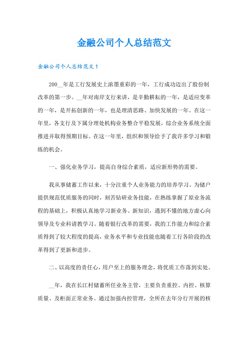 金融公司个人总结范文