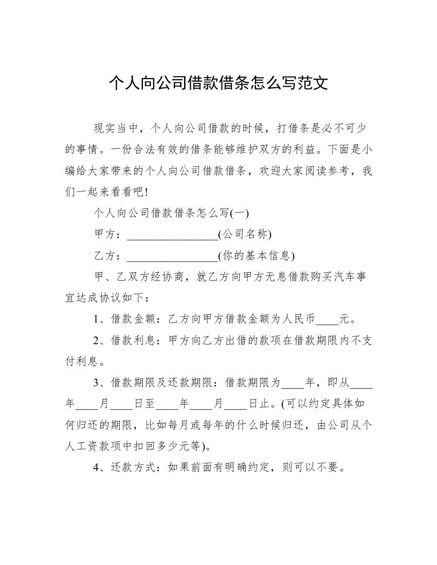 个人向公司借款借条怎么写范文