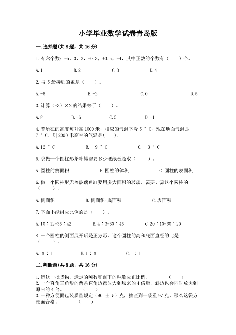 小学毕业数学试卷青岛版（综合卷）