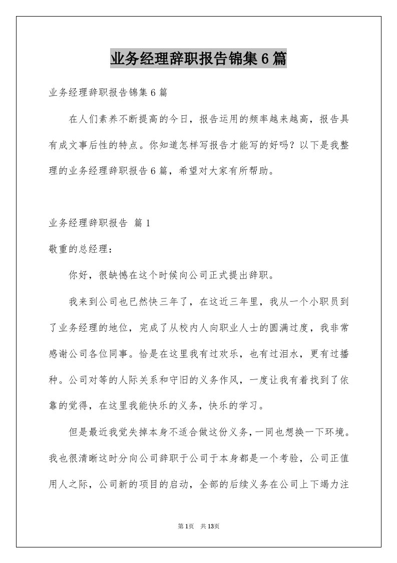 业务经理辞职报告锦集6篇