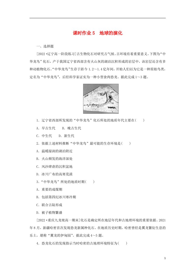 2022_2023学年新教材高中地理课时作业5地球的演化湘教版必修第一册