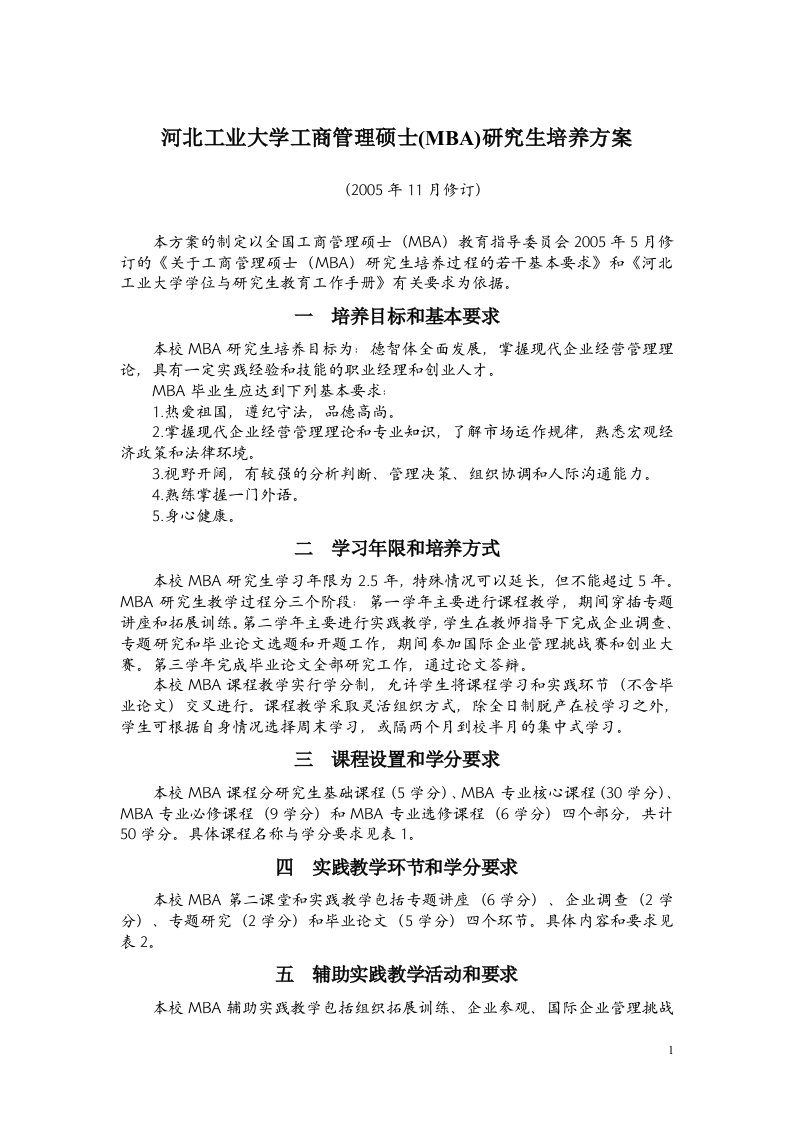 精选河北工业大学工商管理硕士MBA研究生培养方案