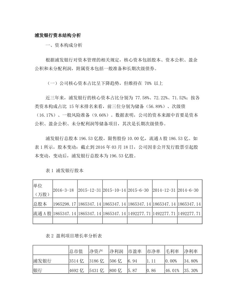 浦发银行资本结构分析