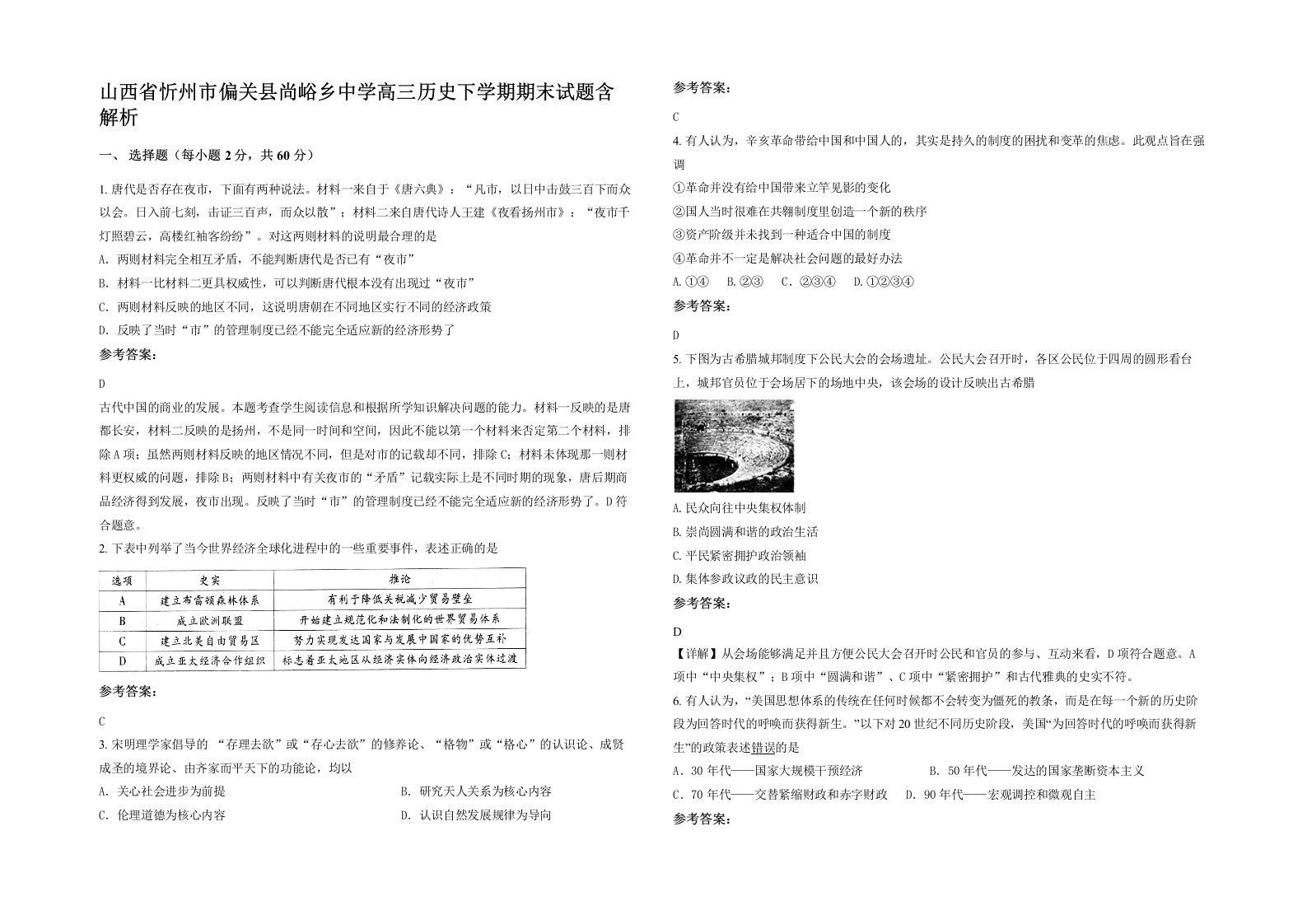 山西省忻州市偏关县尚峪乡中学高三历史下学期期末试题含解析