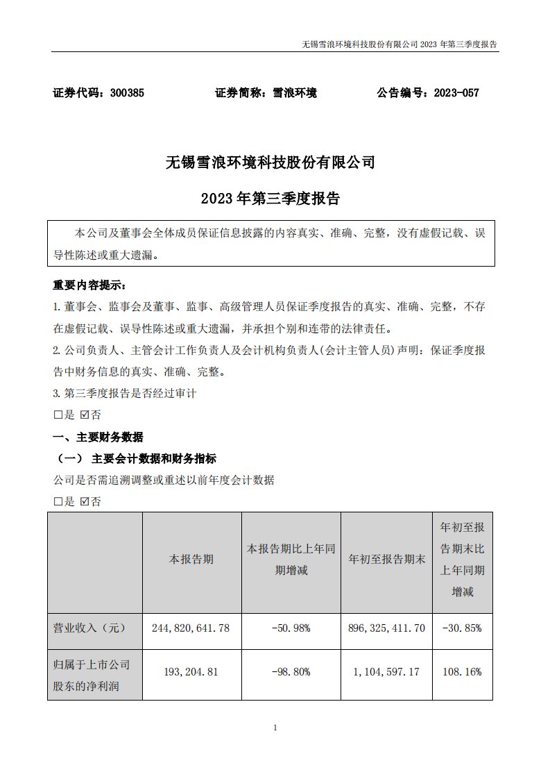 深交所-雪浪环境：2023年三季度报告-20231025