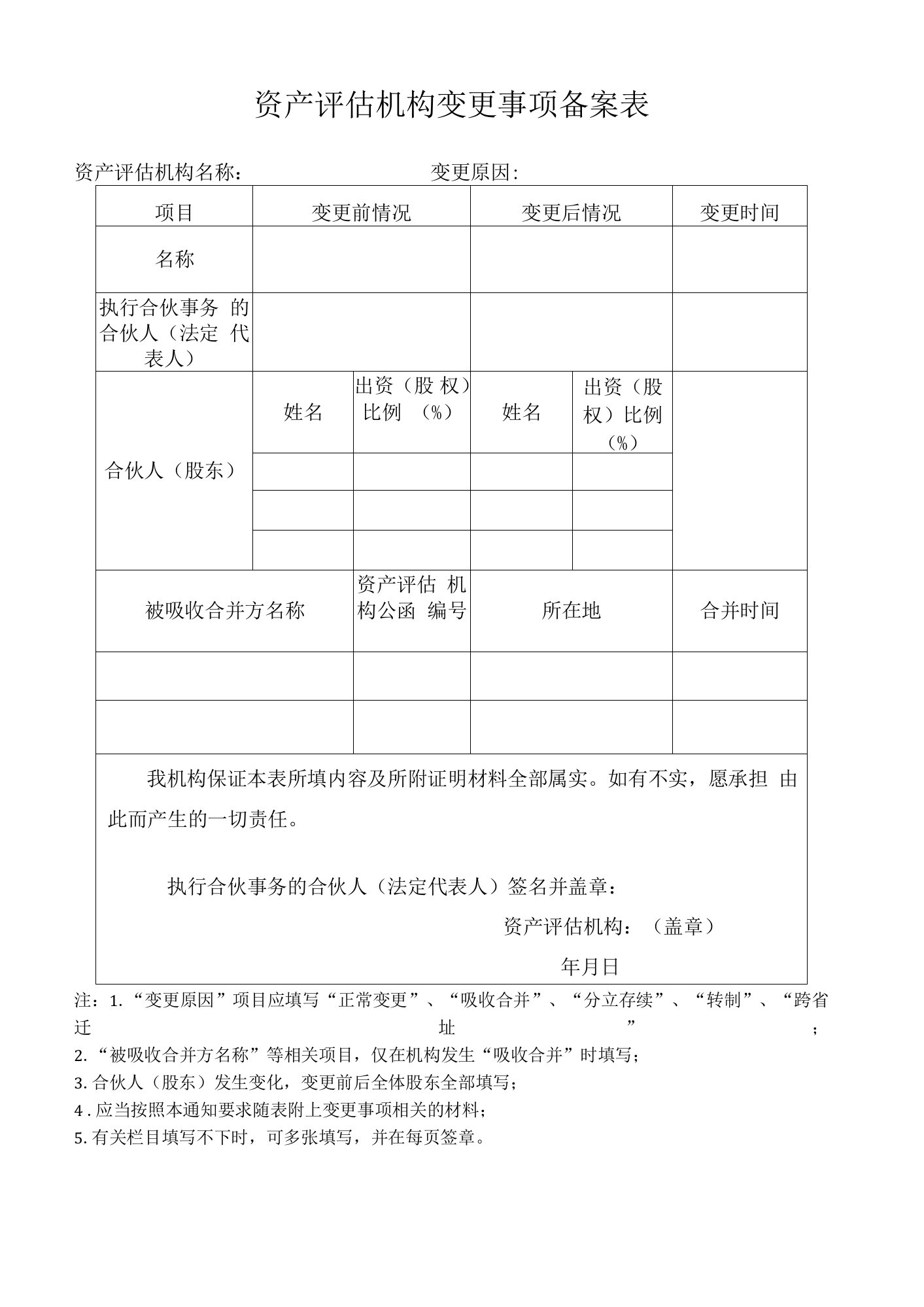 资产评估机构执行事务合伙人或者法定代表人变更办理表单