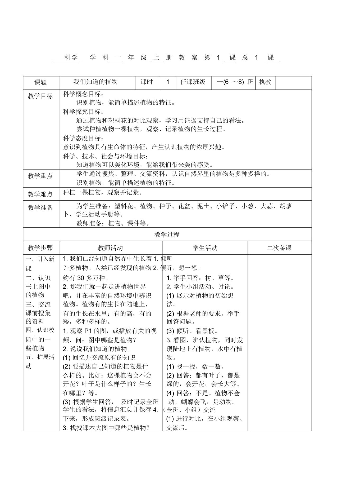 教科版一年级科学上册《我们知道的植物》教案