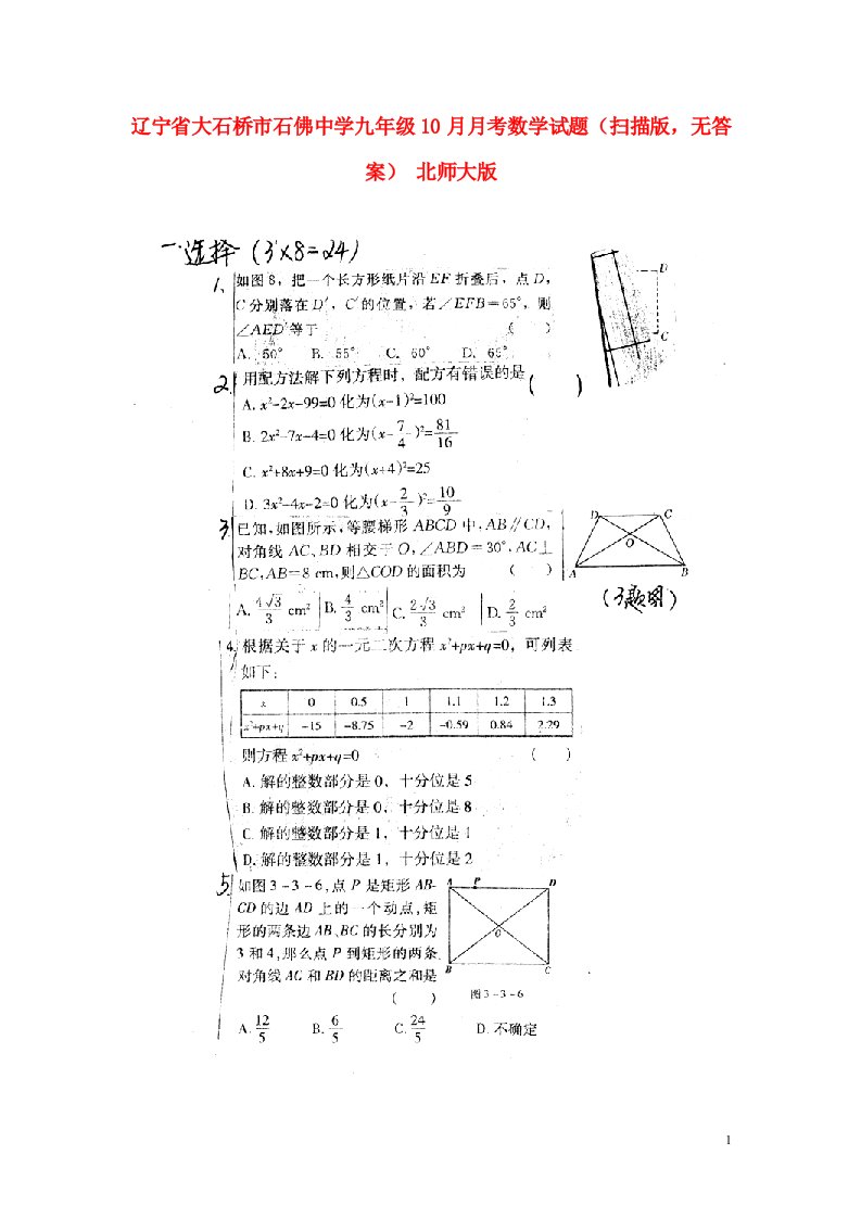 辽宁省大石桥市石佛中学九级数学10月月考试题（扫描版，无答案）