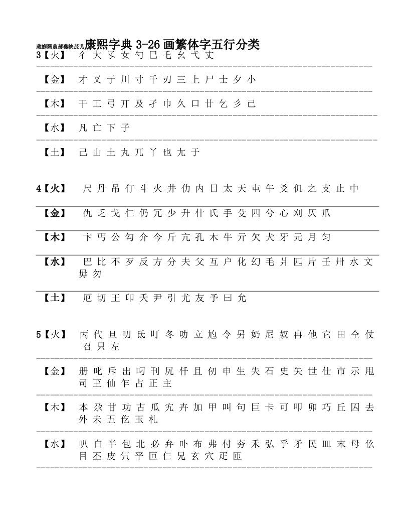 康熙字典326画繁体字五行分类