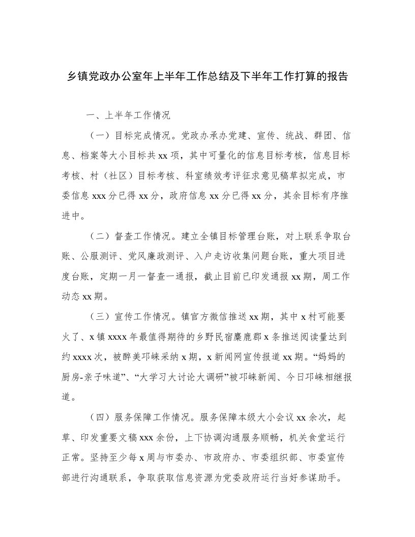 乡镇党政办公室年上半年工作总结及下半年工作打算的报告