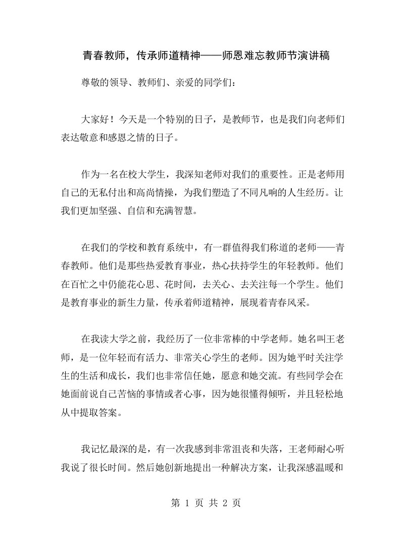 青春教师，传承师道精神——师恩难忘教师节演讲稿