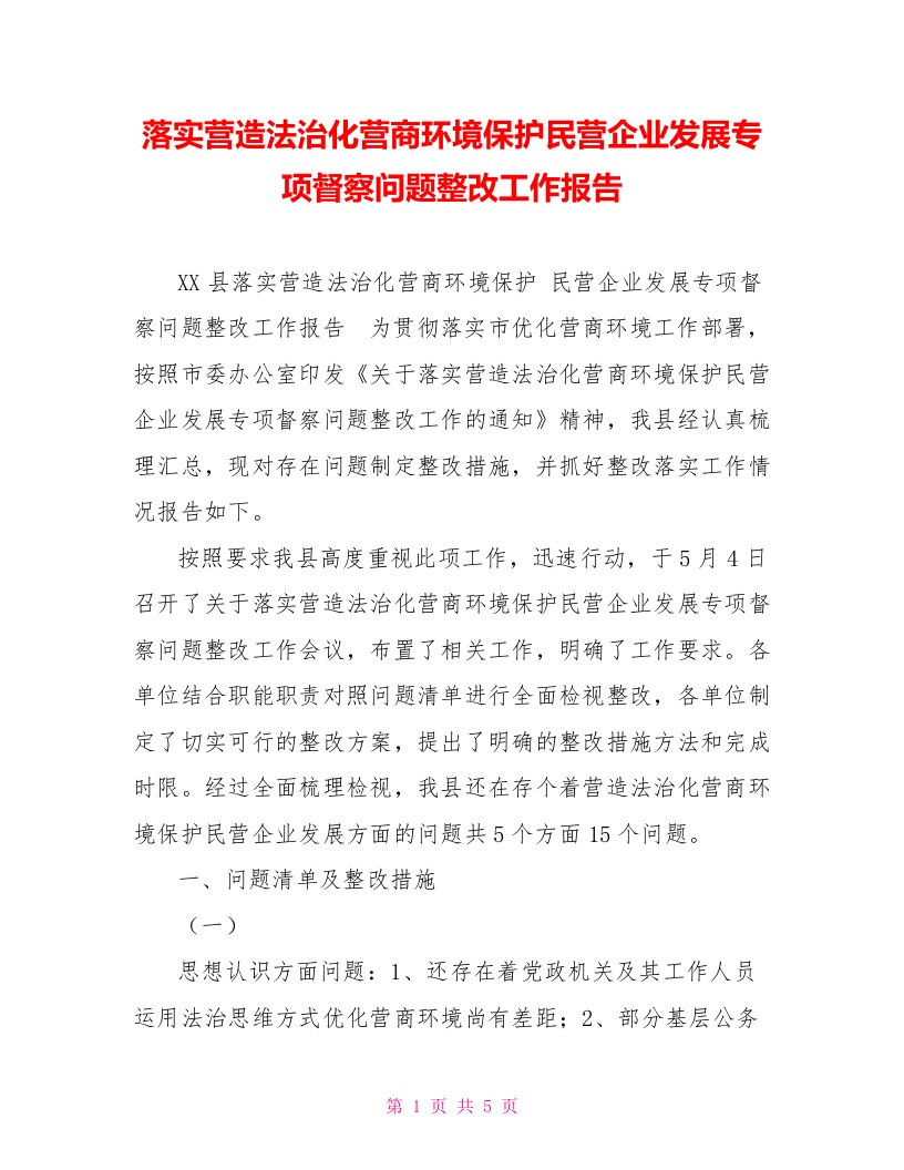 落实营造法治化营商环境保护民营企业发展专项督察问题整改工作报告