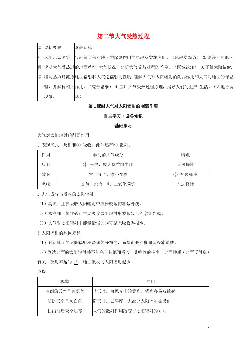 2022版新教材高中地理第三章地球上的大气第二节第1课时大气对太阳辐射的削弱作用学案湘教版必修第一册