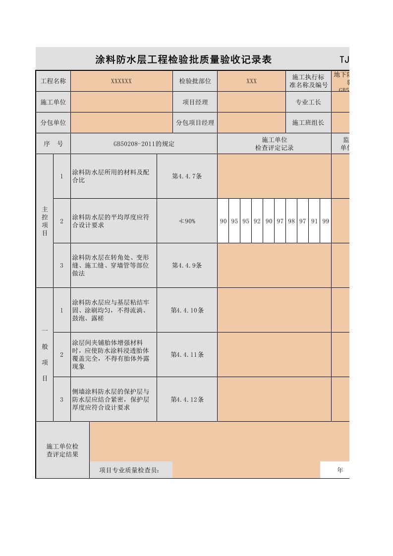 涂料防水层工程检验批质量验收记录表