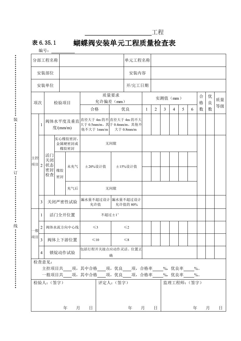 建筑资料-表6351蝴蝶阀单元工程安装质量检查表